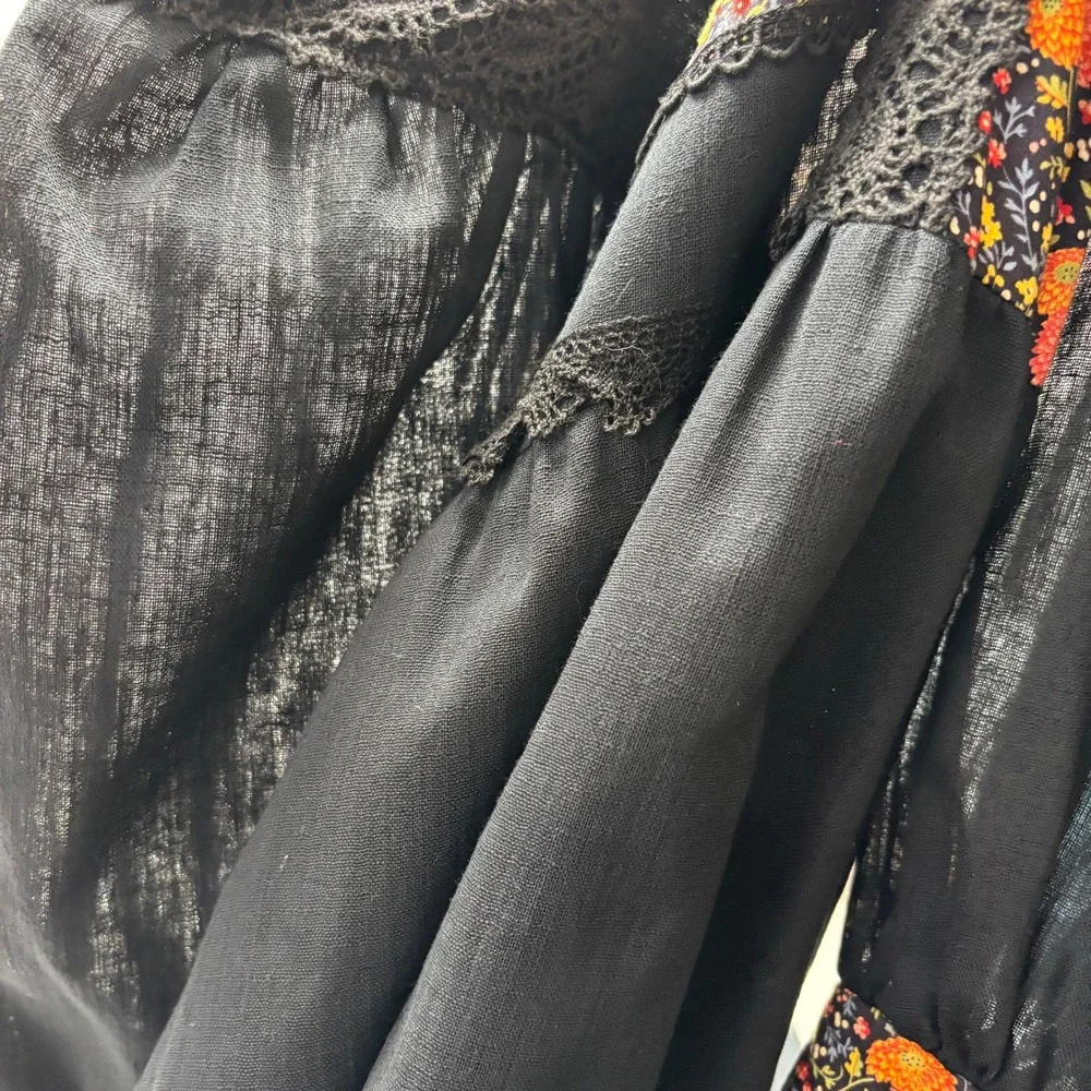 VTG Vicky Vaughn Jr 70s Black Maxi Dress Floral Embroidery XS Prairie Whimsigoth